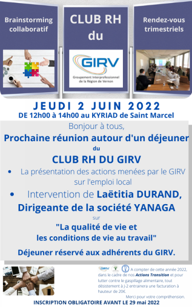 Prochaine réunion du Club RH du GIRV le 2 juin 2022 de 12h00 à 14h00
